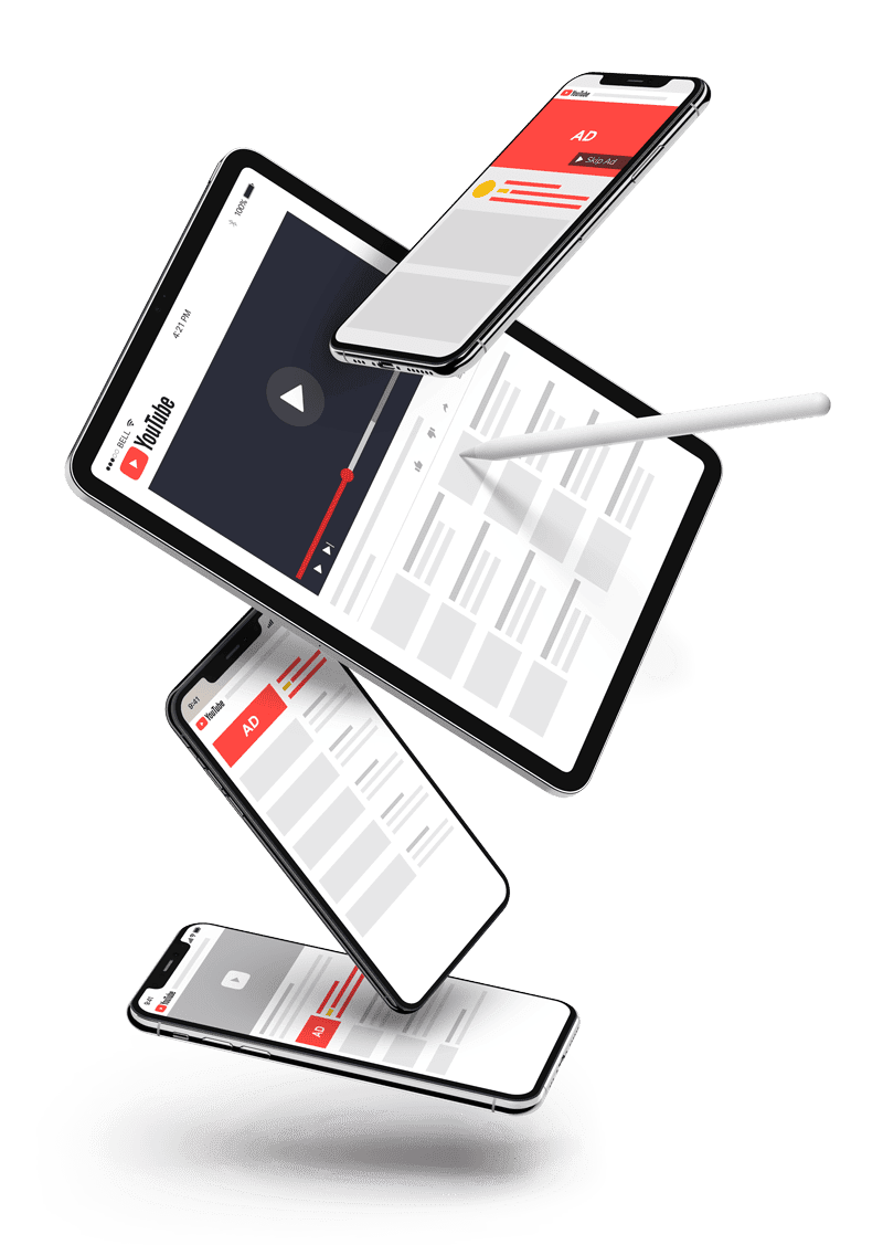 Youtube Ads Infografik auf einem Smartphone, Tablett und Desktop