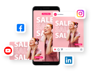 Smartphone mit Social-Media-Anzeigen für SALE, Facebook, Instagram, YouTube und LinkedIn